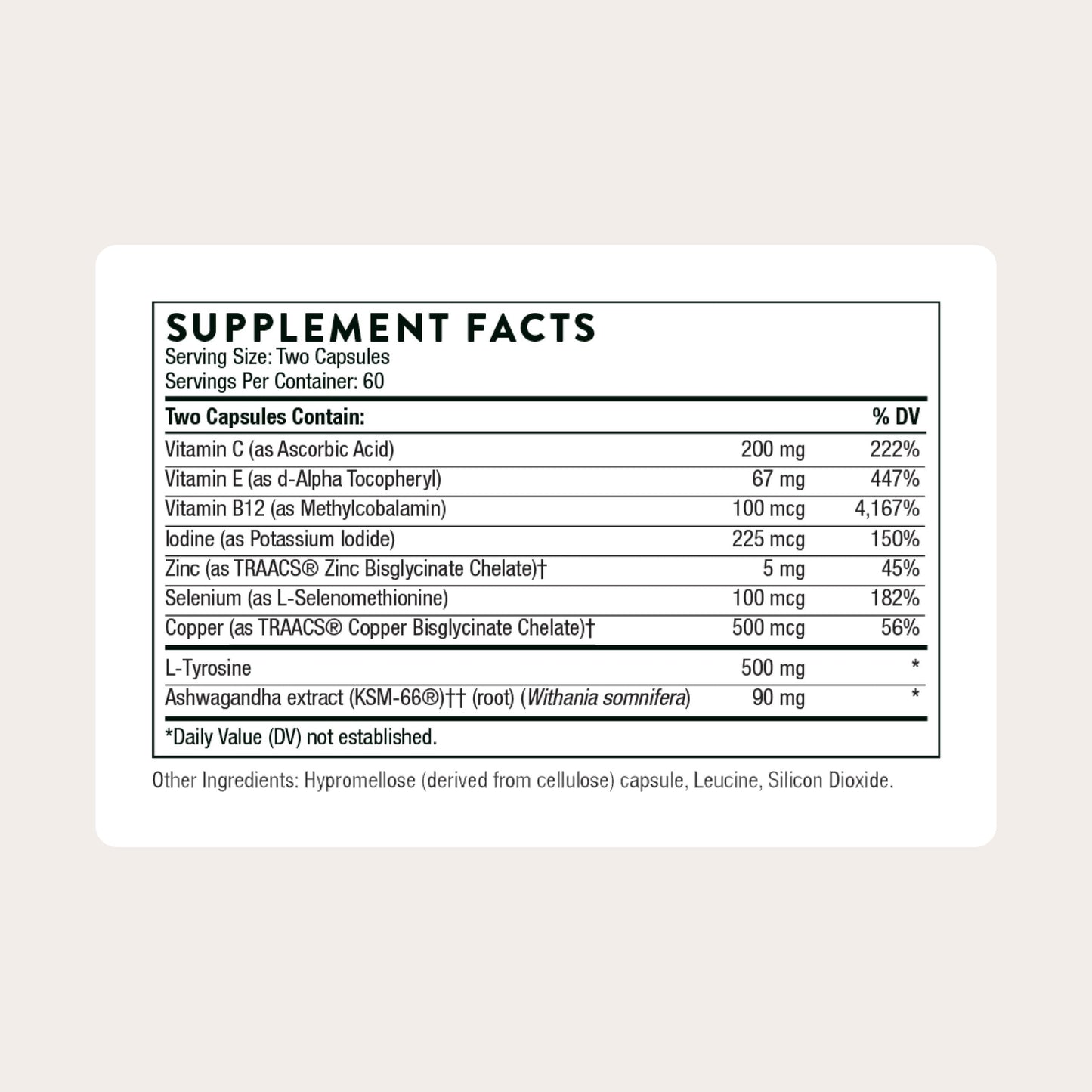 THORNE - Thyroid Health Complex (Formerly Thyrocsin) - Thyroid Cofactors for Thyroid Function Support* - Vitamins B12, C & E, Ashwagandha, Iodine, Zinc, Selenium, Copper & L-Tyrosine - 60 Servings