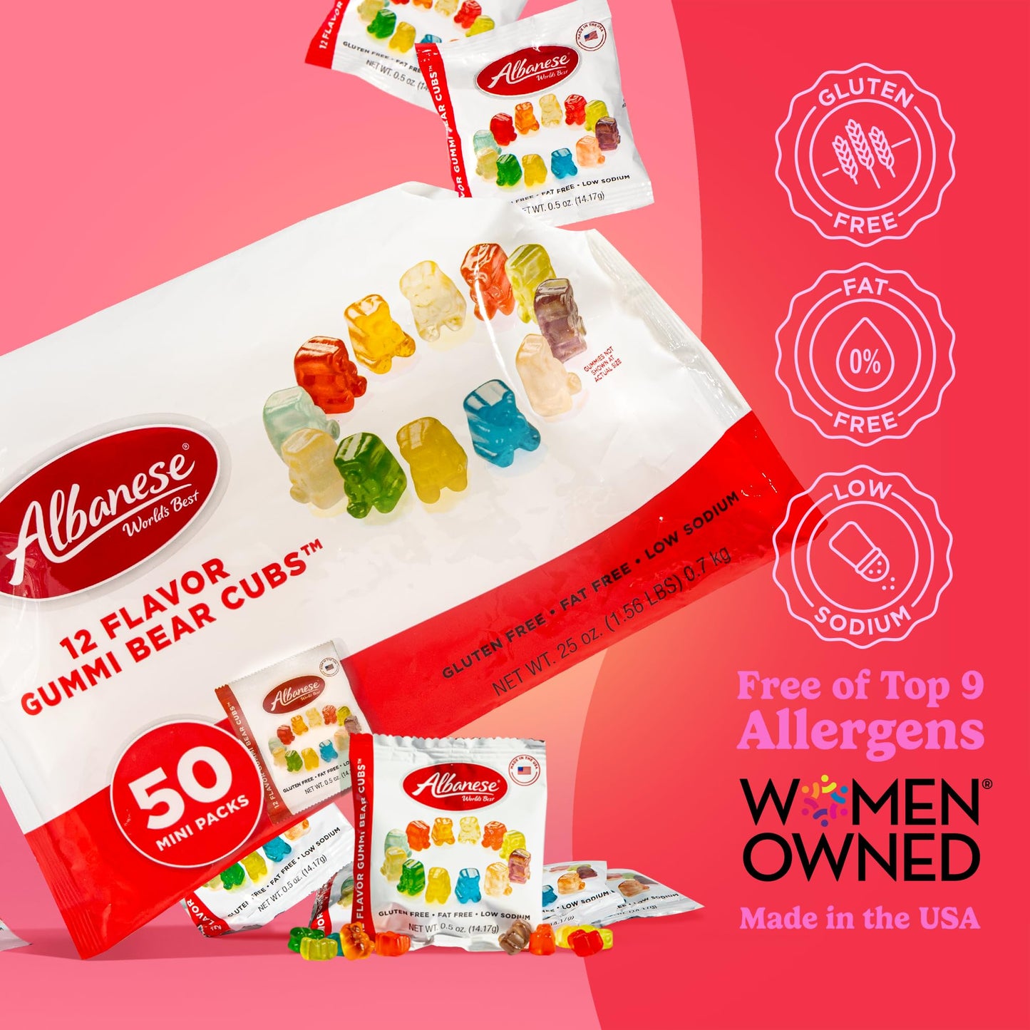 Albanese World's Best 12 Flavor Gummi Bear Cubs | 50-0.5oz Snack Packs