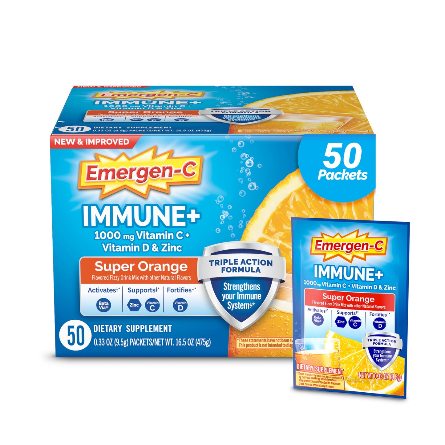 Emergen-C Immune+ Triple Action Immune Support Powder,Super Orange – 50 Count