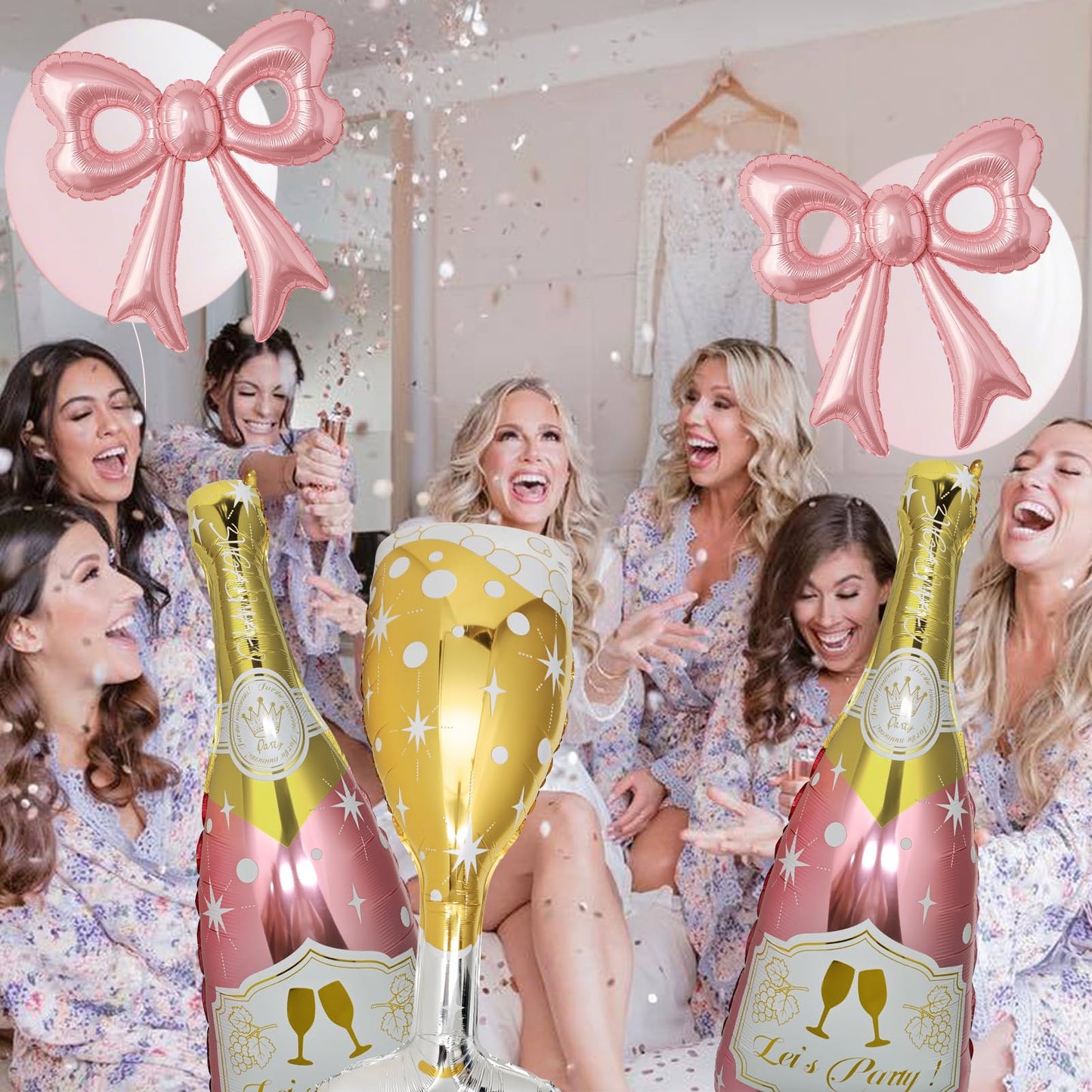 Pink Bow, Gold Champagne Bottle and Goblet Aluminum Foil Balloons-6 Pcs