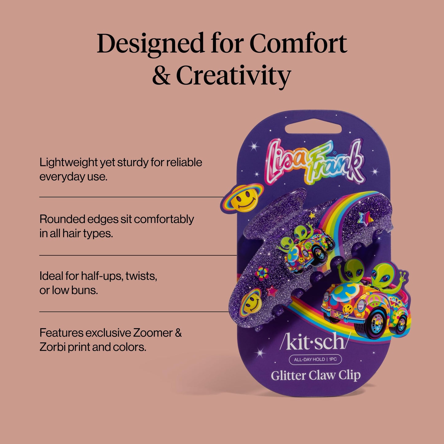 Lisa Frank x Kitsch Purple Glitter Hair Clip for Women – Secure Hold Claw Clip | Sparkly Hair Accessories with Strong Grip | Ideal Gifts for Women, Teens - Zoomer and Zorbit