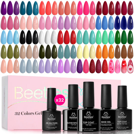 beetles Spring Gel Polish Set - Fingertip Palette, 32 Colors Polish Set with Base Top Coat Pink Red Blue Purple Brown Yellow Green Black White Uv LED Lamp Nails Gifts for Women