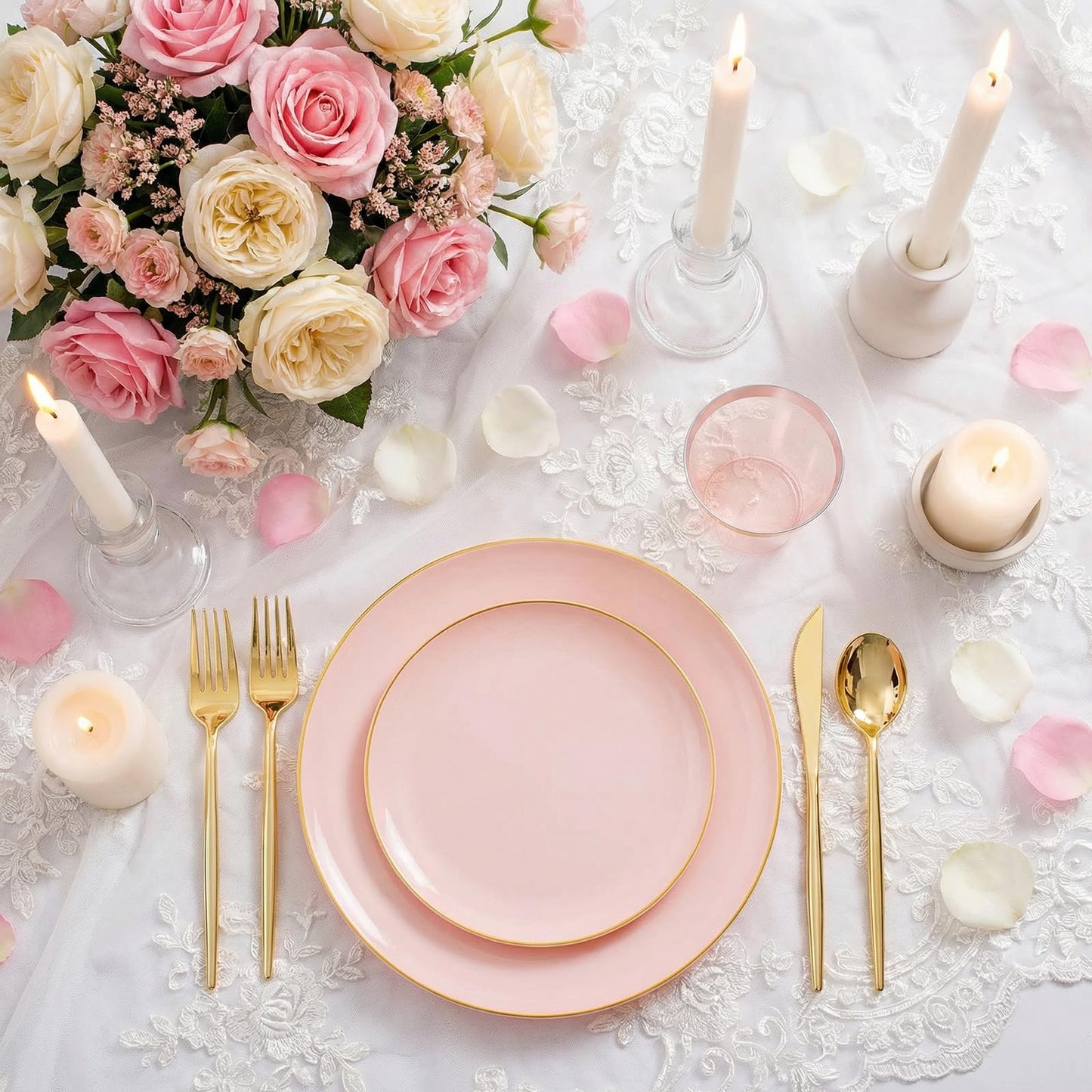 Pink Plastic Plates, Cups, Napkins Sets with Gold Rim – 210pc