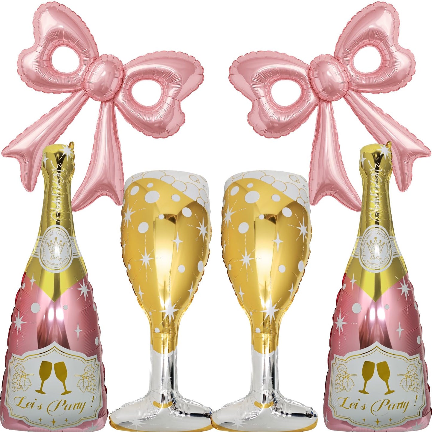 Pink Bow, Gold Champagne Bottle and Goblet Aluminum Foil Balloons-6 Pcs