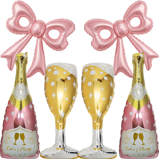 Pink Bow, Gold Champagne Bottle and Goblet Aluminum Foil Balloons-6 Pcs
