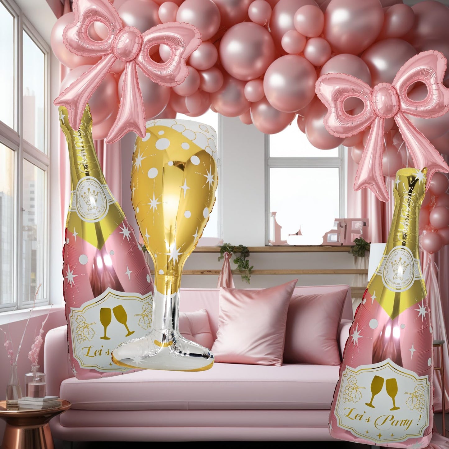 Pink Bow, Gold Champagne Bottle and Goblet Aluminum Foil Balloons-6 Pcs