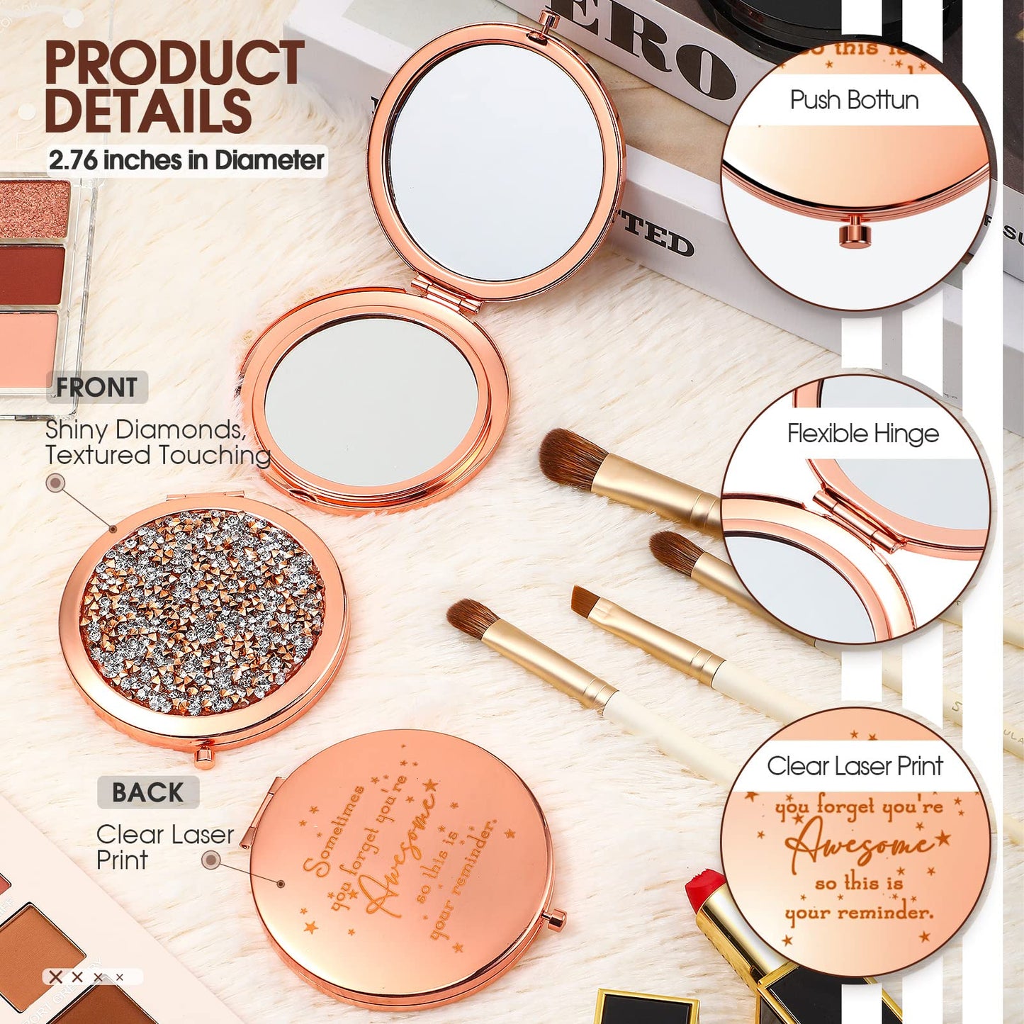 Roowest 10 Pcs Inspirational Compact Mirror Bulk Womens History Month Gifts You're Awesome Reminder Appreciation Gifts for Employee Coworker Friend Sisterhood Birthday Pocket Mirrors (Rose Gold)