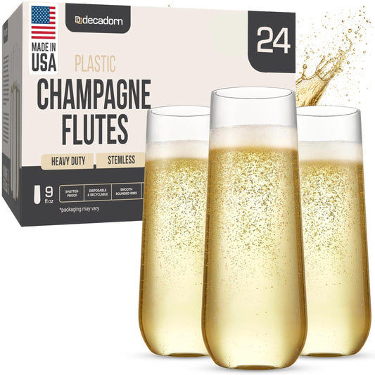 Clear Stemless Champagne Flutes Plastic-9oz- 24 Pack