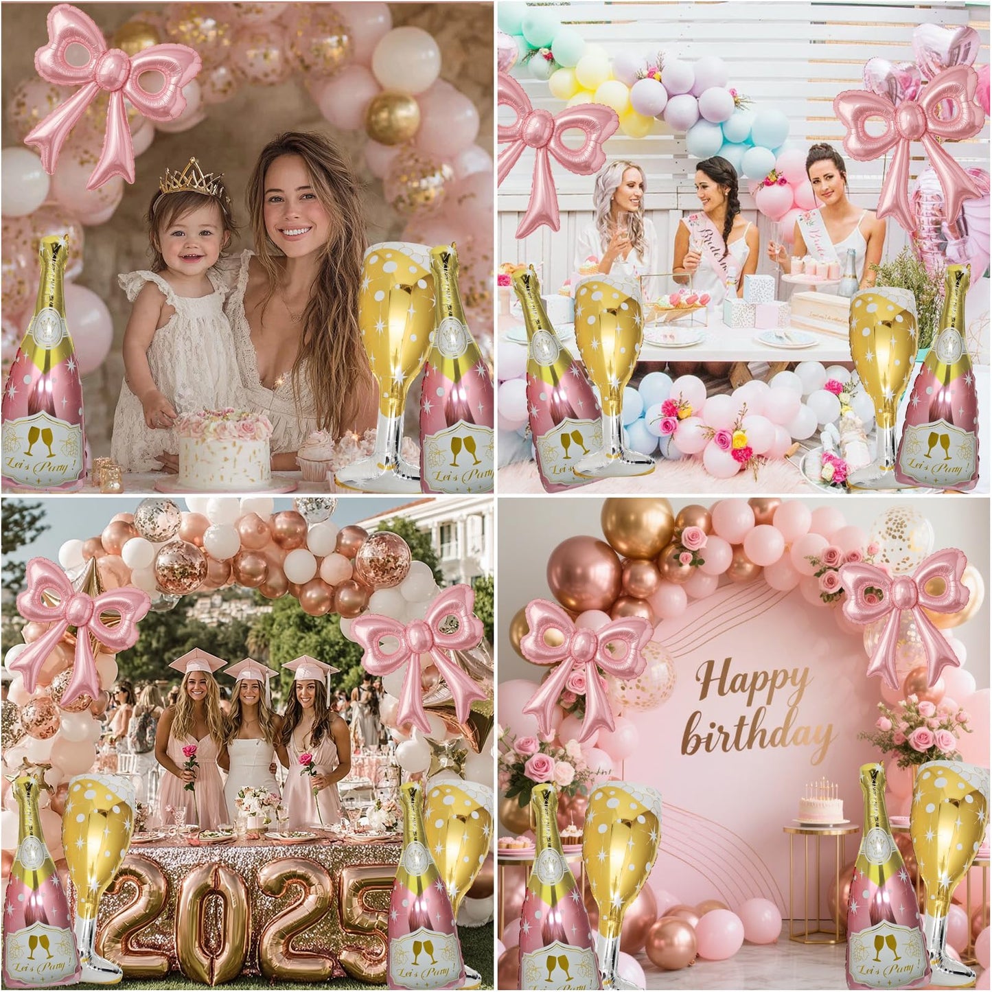 Pink Bow, Gold Champagne Bottle and Goblet Aluminum Foil Balloons-6 Pcs