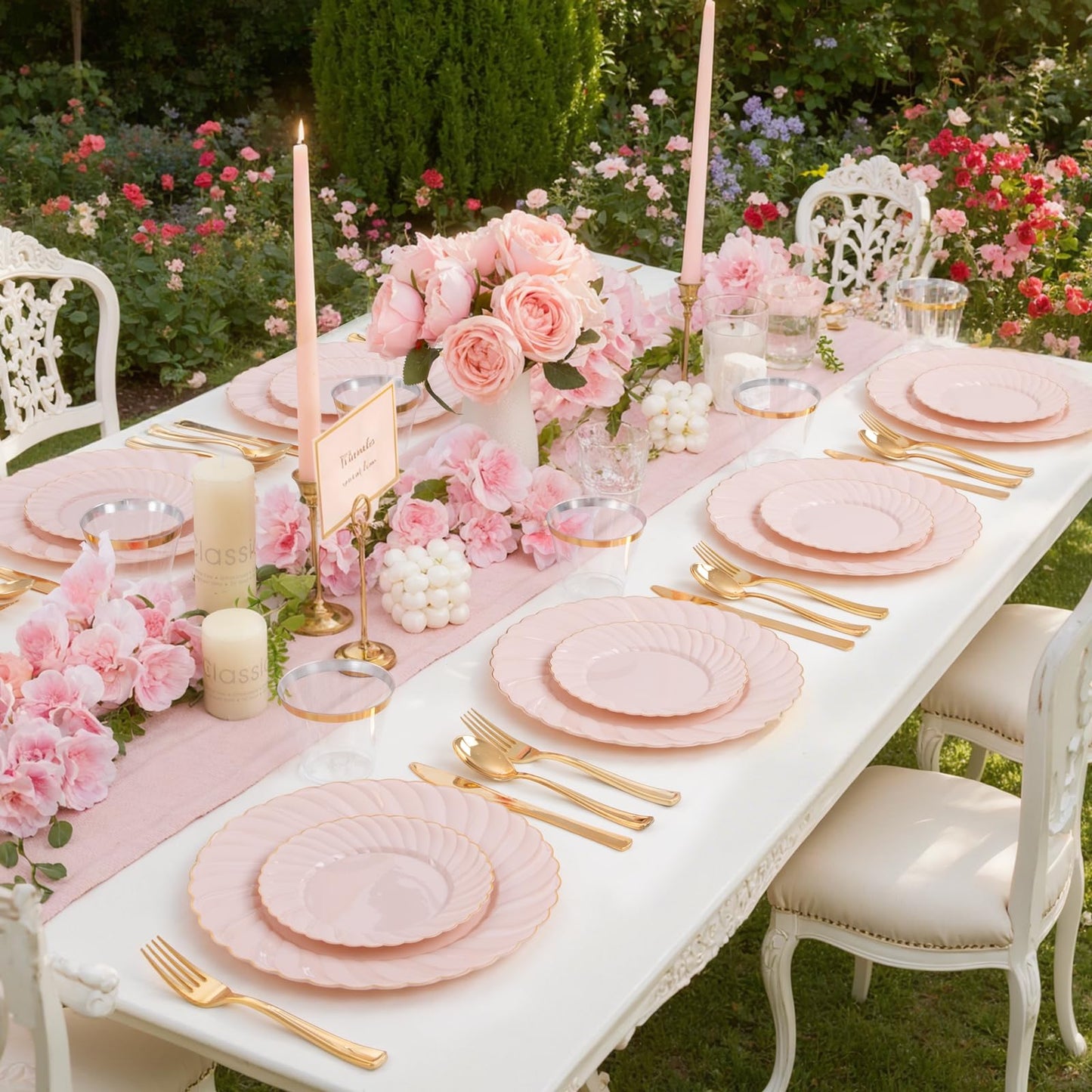 Scalloped Plastic Plates Set Includes 25 Dinner, 25 Dessert Plate, 75 Gold Silverware for 25Guests -125Pcs Total