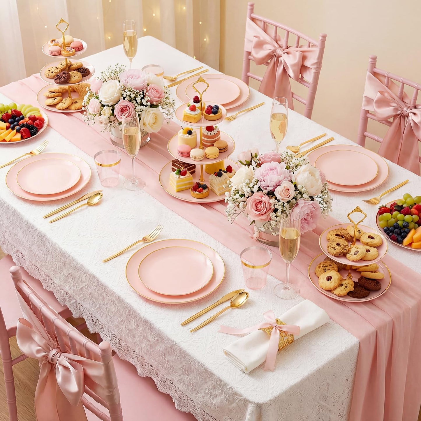 Pink Plastic Plates, Cups, Napkins Sets with Gold Rim – 210pc