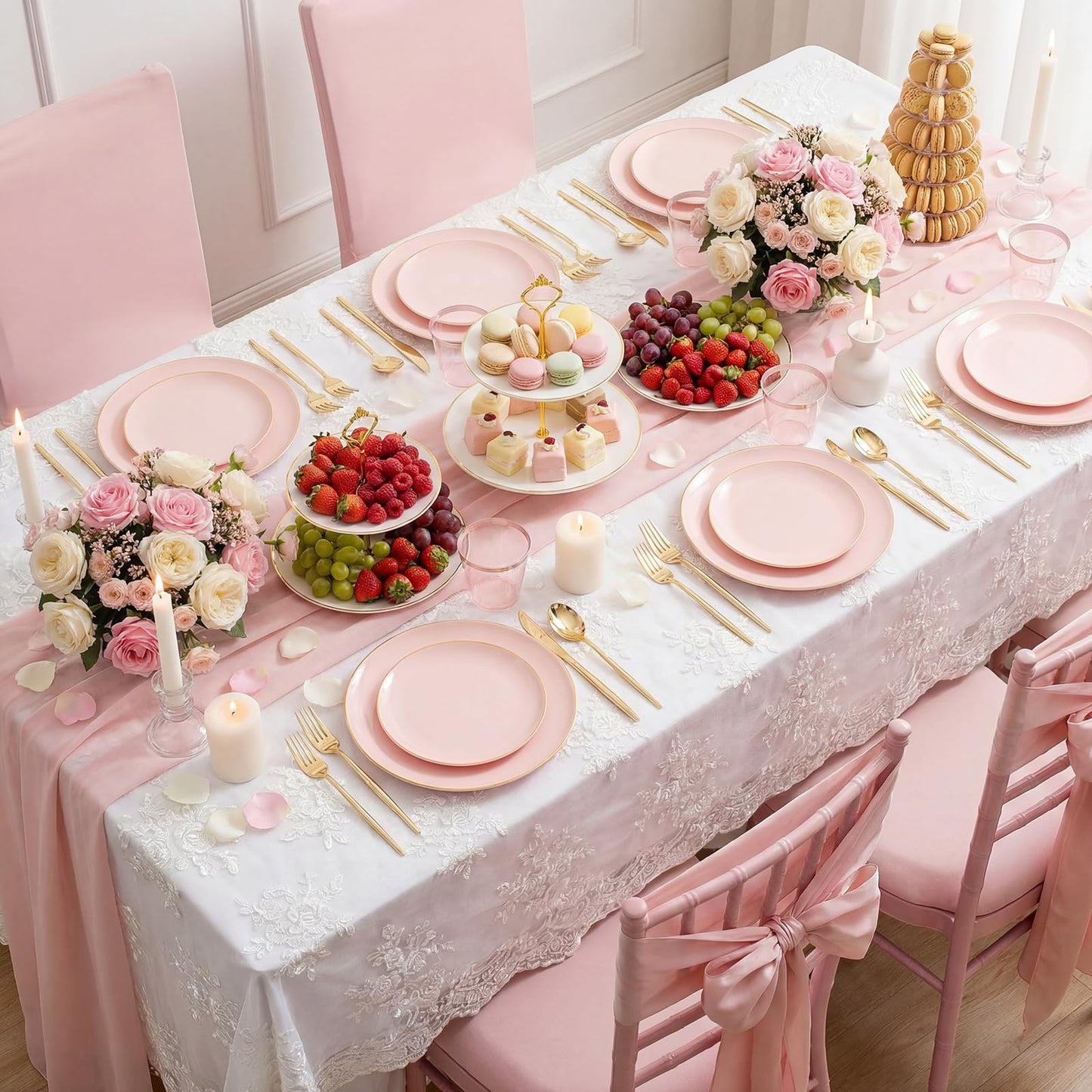 Pink Plastic Plates, Cups, Napkins Sets with Gold Rim – 210pc