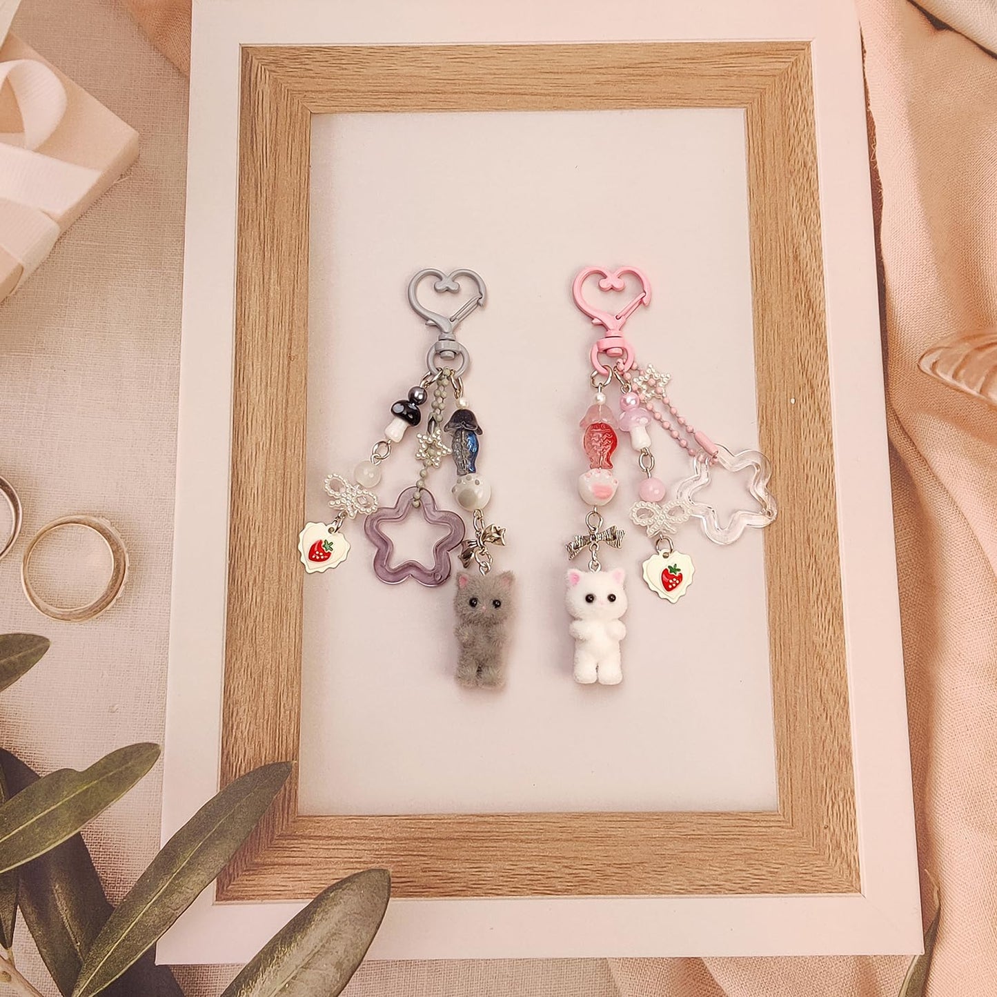 Nalefow Cute Pink Keychain, Fuzzy Cat Keychain Aesthetic Y2K Charms Stylish Keychains Accessories for Bag Charms Purse Gifts (2PCS Grey Pink Cat Sets)