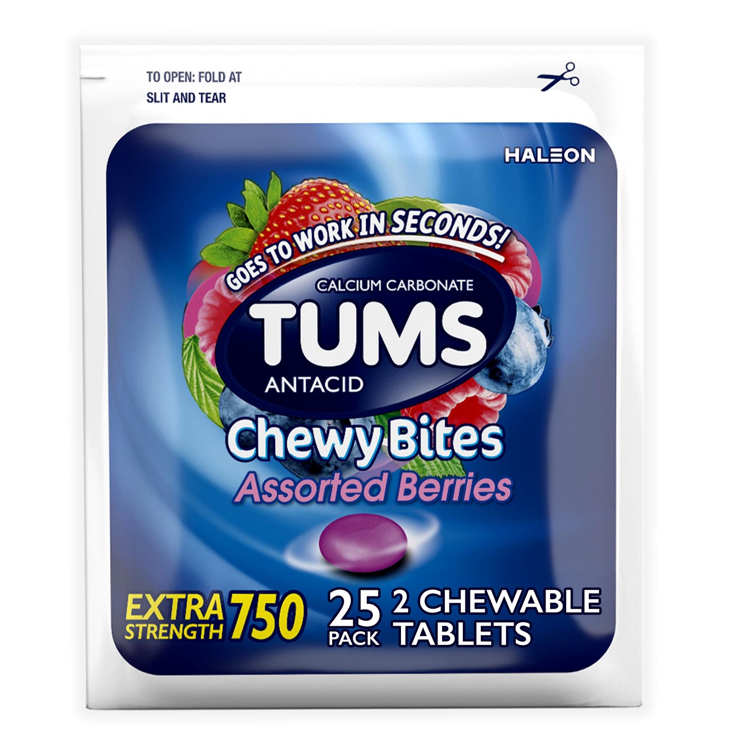 TUMS Chewy Bites Chewable Antacid Tablets for Heartburn Relief, Assorted Berries – 25-2cts