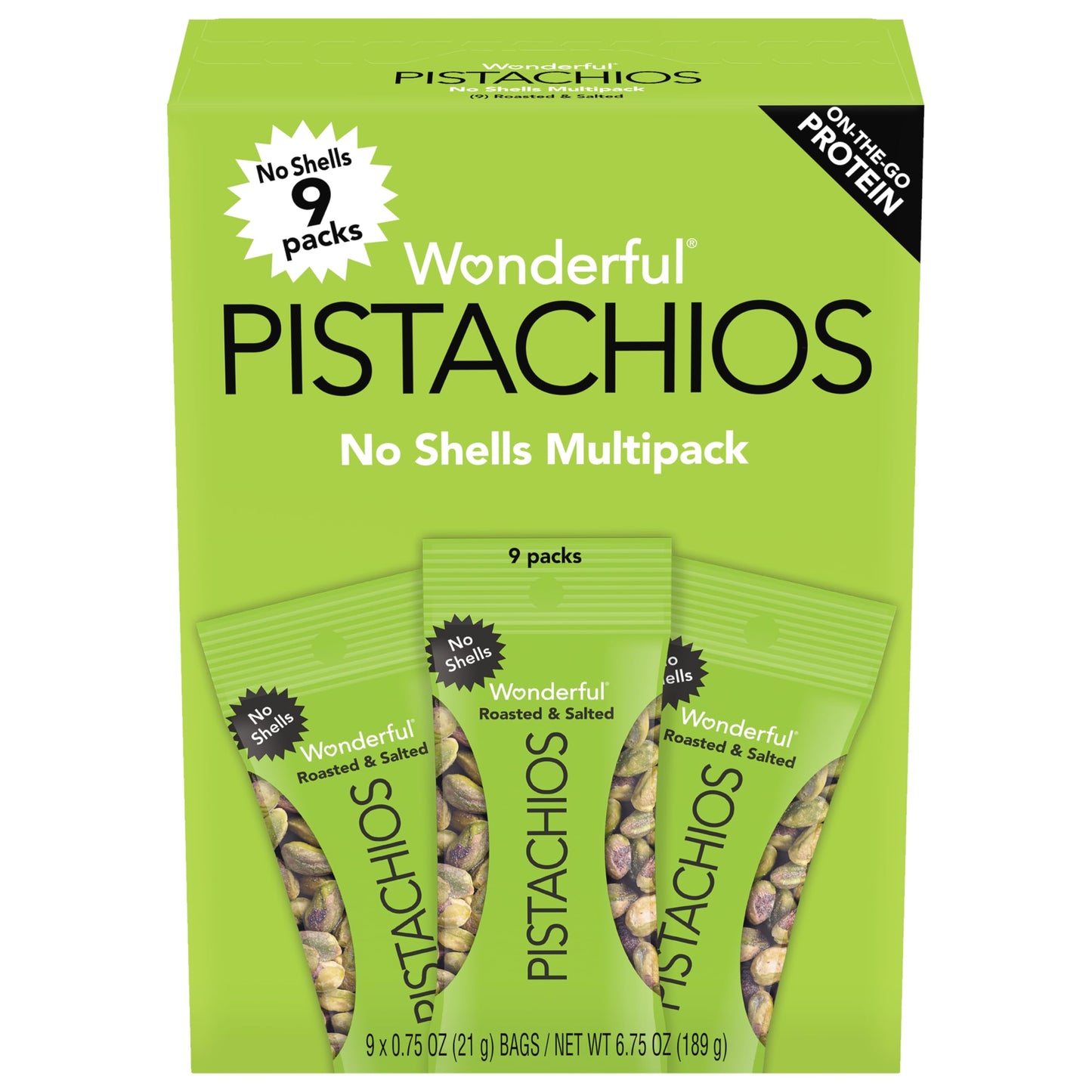 Wonderful Pistachios No Shells, Roasted & Salted Nuts, 0.75 Ounce Bag -Pack of 9