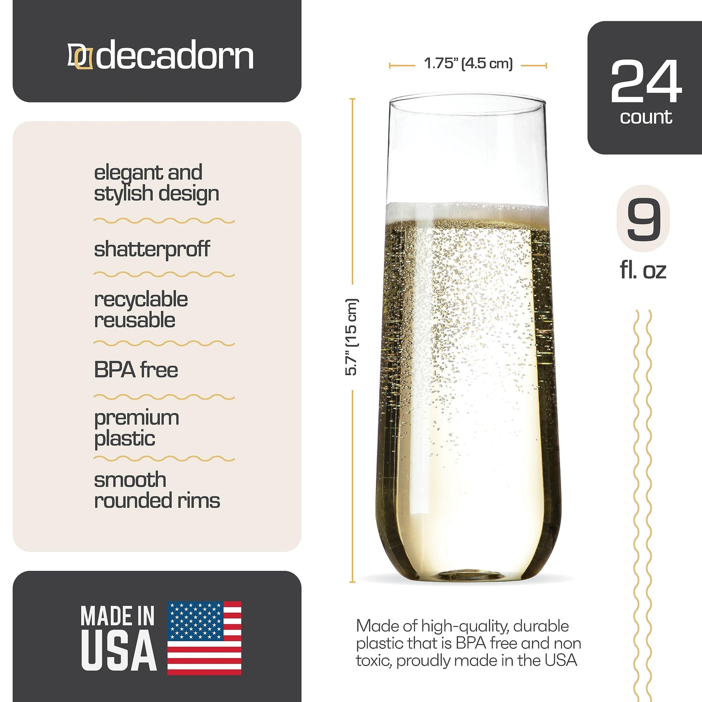 Clear Stemless Champagne Flutes Plastic-9oz- 24 Pack