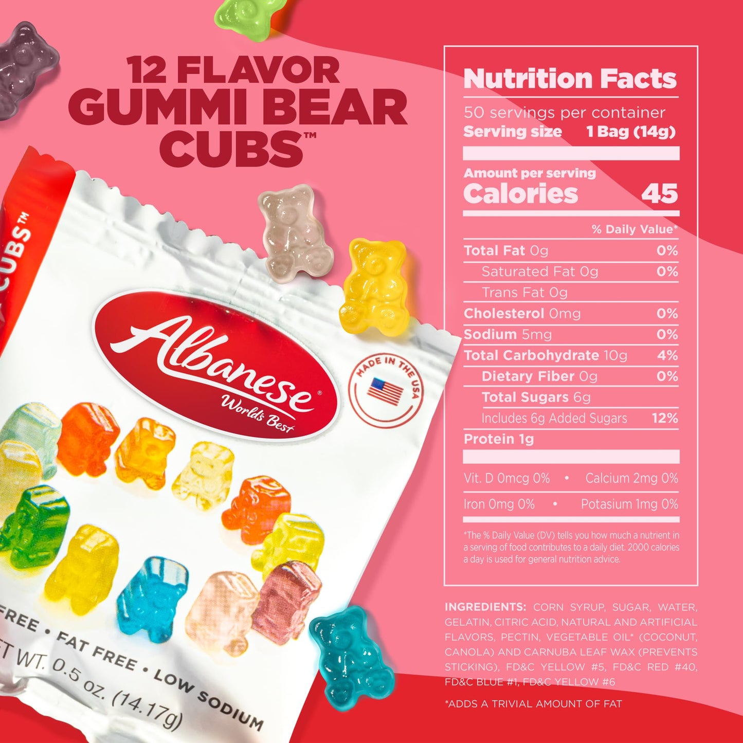 Albanese World's Best 12 Flavor Gummi Bear Cubs | 50-0.5oz Snack Packs