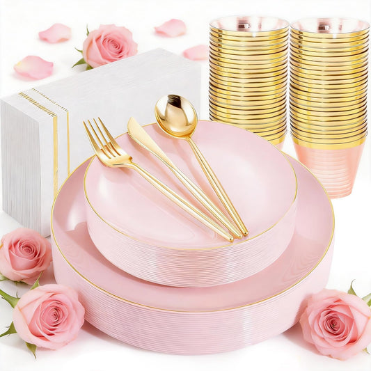 Pink Plastic Plates, Cups, Napkins Sets with Gold Rim – 210pc
