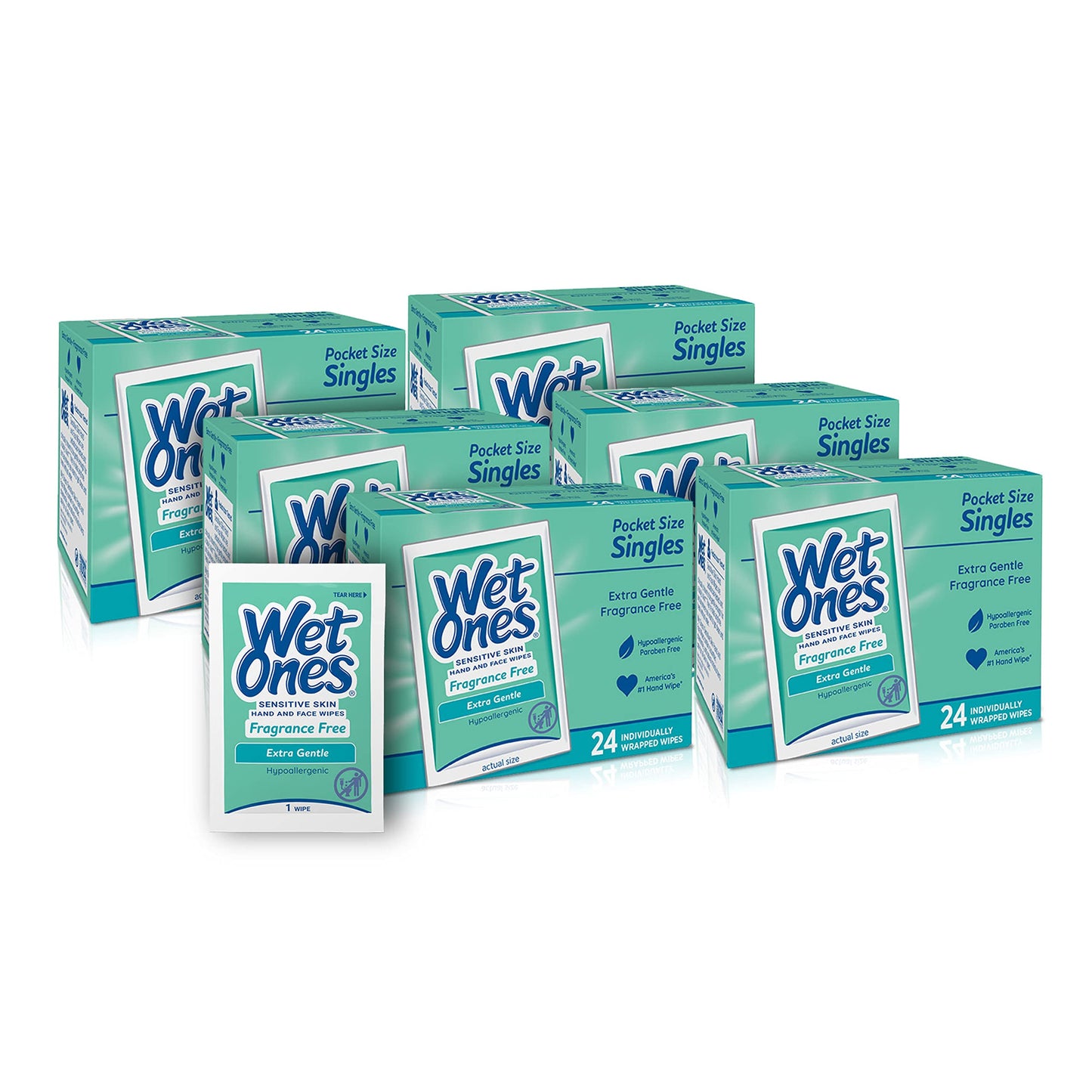 Wet Ones Hand and Face Wipes Singles,  Unscented Wipes,Individually Wrapped  (6 packs of 24 ct)-144pc