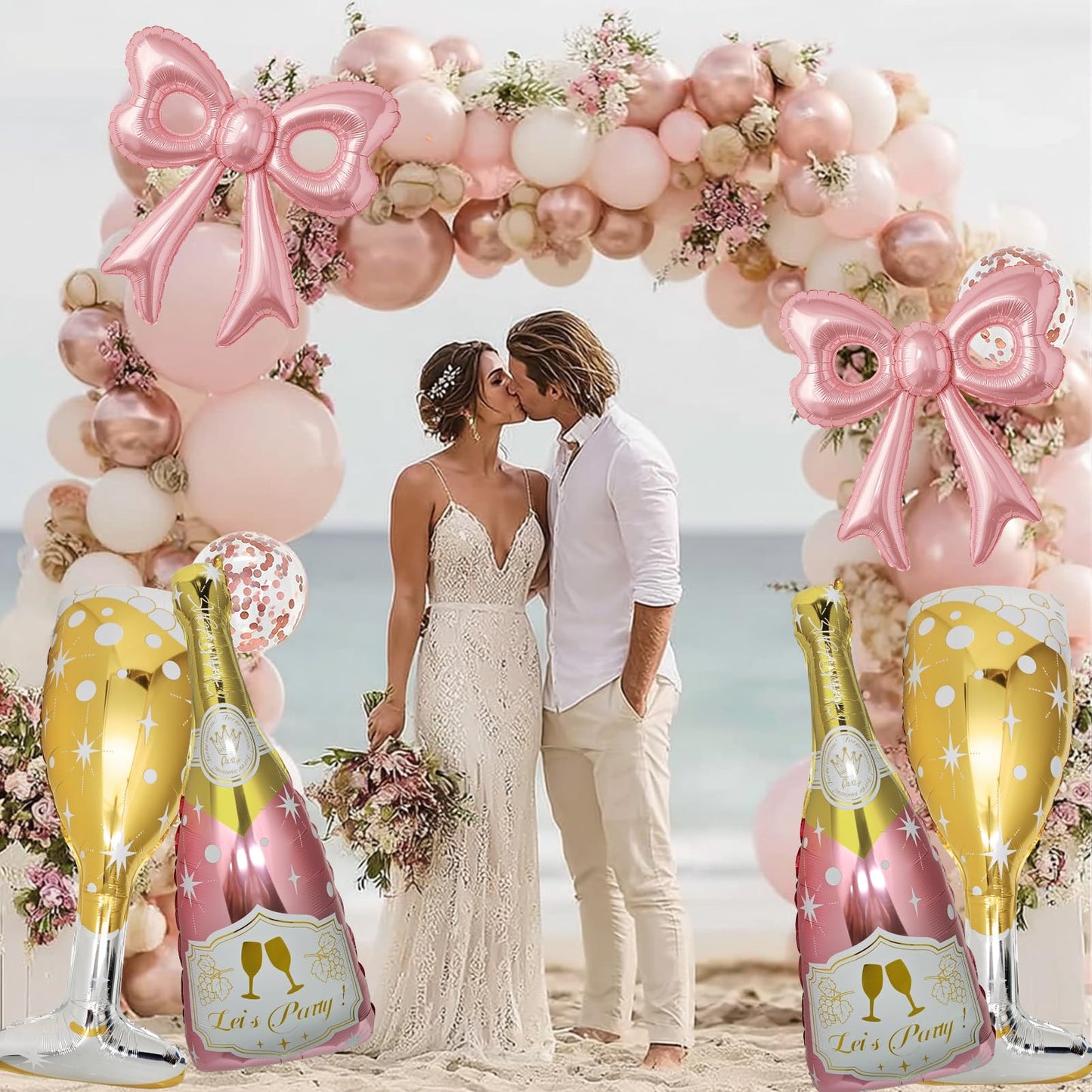 Pink Bow, Gold Champagne Bottle and Goblet Aluminum Foil Balloons-6 Pcs