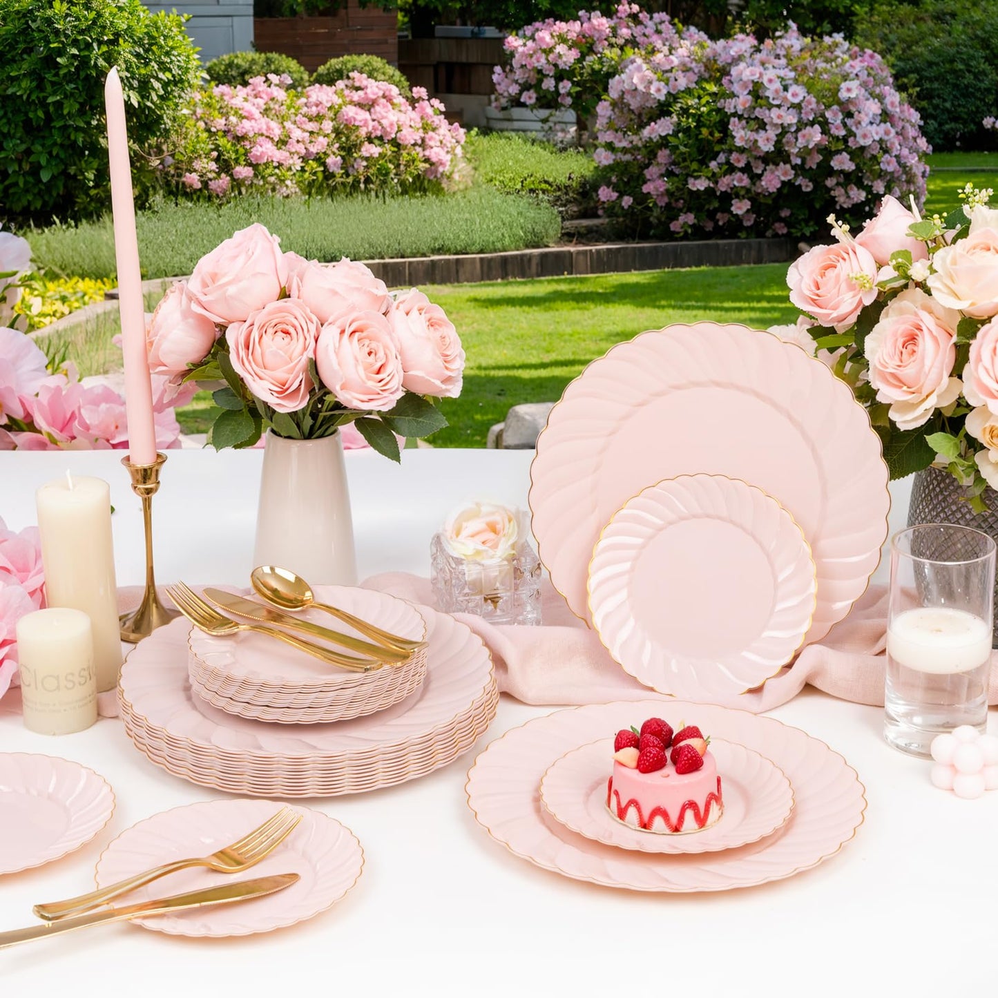 Scalloped Plastic Plates Set Includes 25 Dinner, 25 Dessert Plate, 75 Gold Silverware for 25Guests -125Pcs Total
