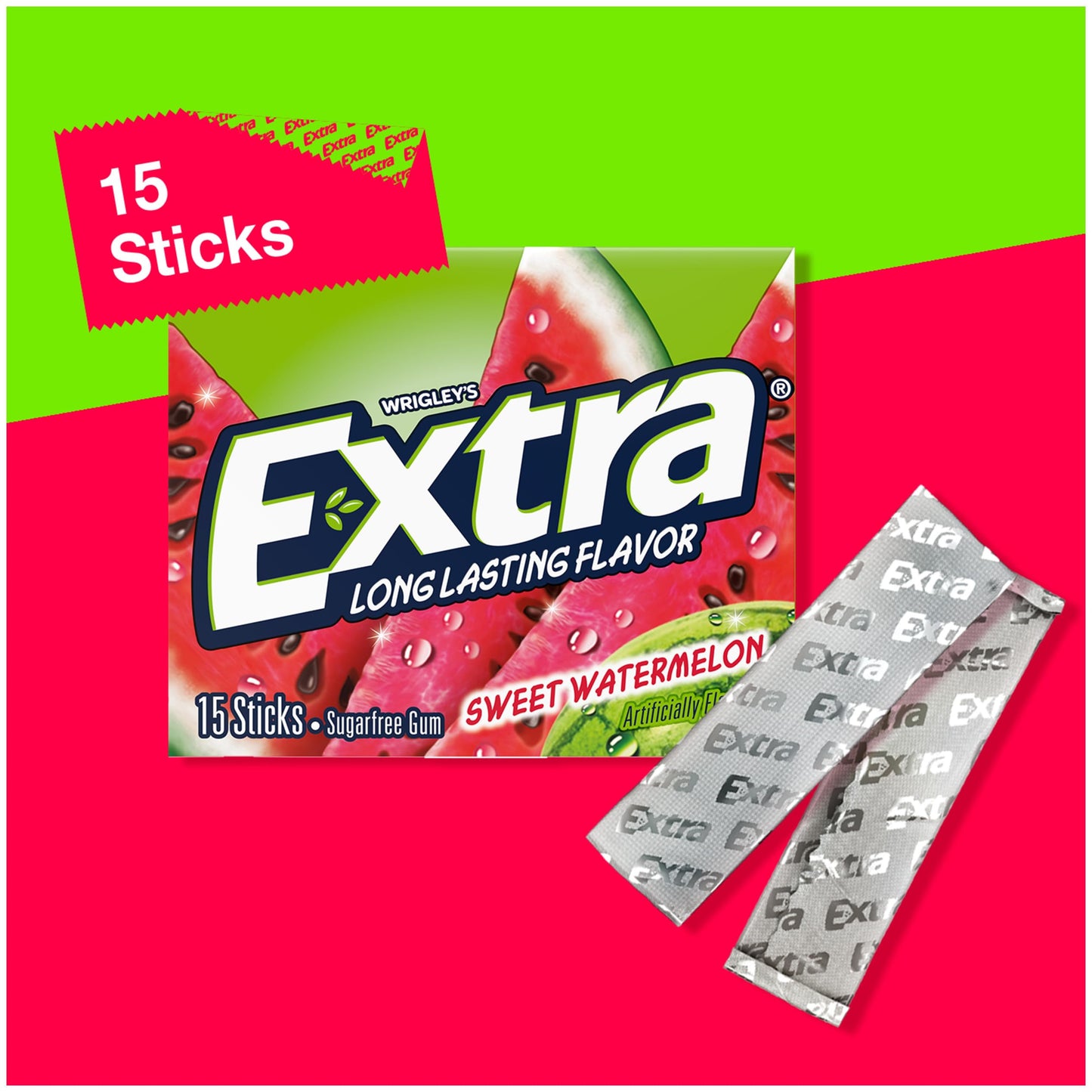 EXTRA Gum Sweet Watermelon Sugarfree- 15 Count, Pack of 10