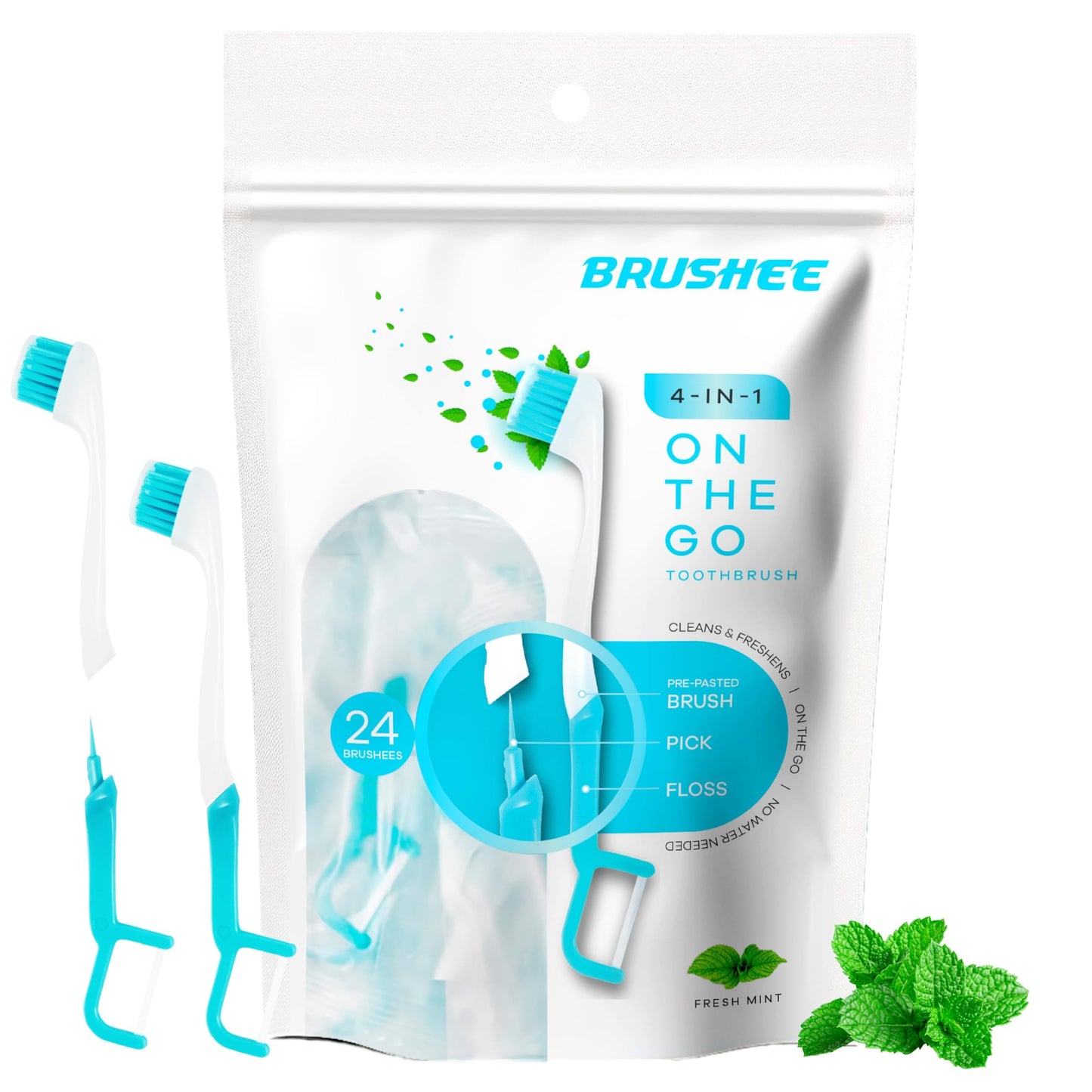 Brushee,4-in-1 Tool (Paste + Brush + Floss + Pick) | Individually Wrapped - 24-Pack