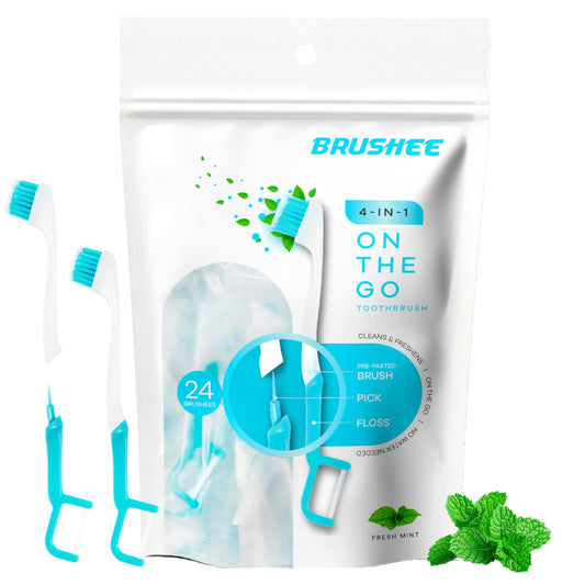 Brushee,4-in-1 Tool (Paste + Brush + Floss + Pick) | Individually Wrapped - 24-Pack