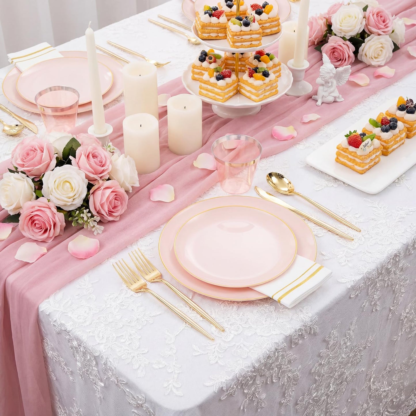 Pink Plastic Plates, Cups, Napkins Sets with Gold Rim – 210pc