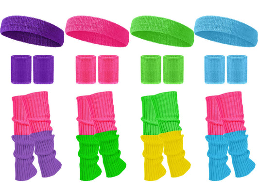80s 90s Leg Warmers, Headbands, Wristband Sets -4 Sets