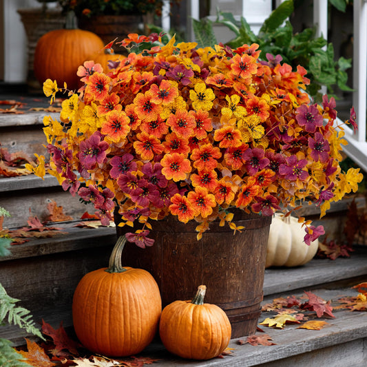 Artificial Fall Flowers for Outdoor Fake Mums -UV Resistant No Fade- 16 Bundles