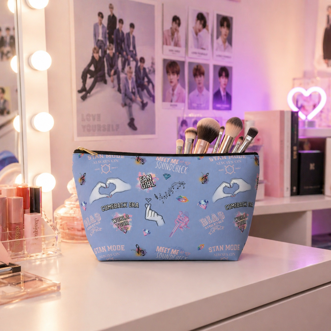 Blue K-pop Makeup Bag | Concert Cosmetic Pouch with Hidden Debut Detail | Fan Travel Organizer