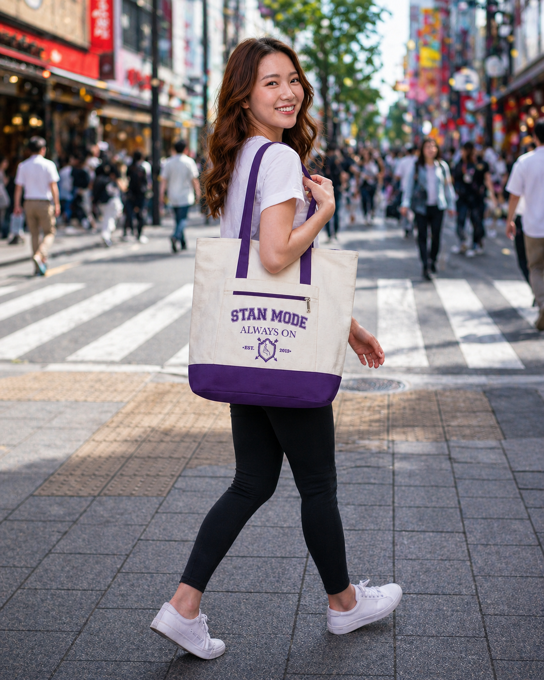 Stan Mode Always On Kpop Inspired Canvas Tote Bag with Zipper Pocket-Purple